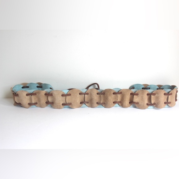 Vintage Wide Tan and Blue Suede Leather Tie Belt with Long Fringe Reversible S M - Picture 2 of 9